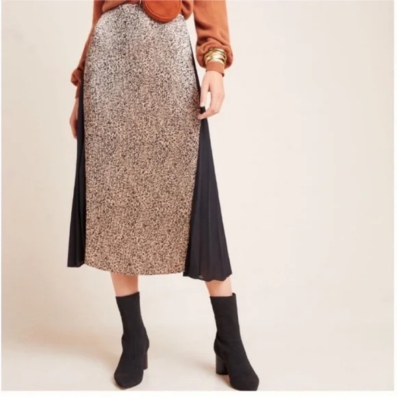 NEW Current Air for Anthropologie Leopard Pleated Midi Skirt Size Large
